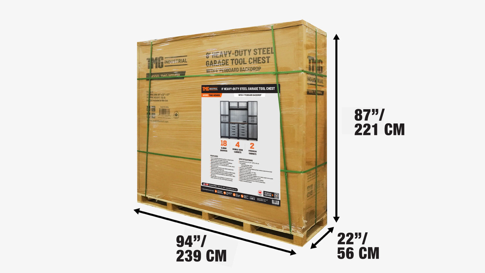 8 jalan (2,4 m) erittäin kestävä teräksinen autotallin työkalupakki reikätaululla, 18 laatikkoa ja monitoimikaapit, TMG-WBM08-shipping-info-image