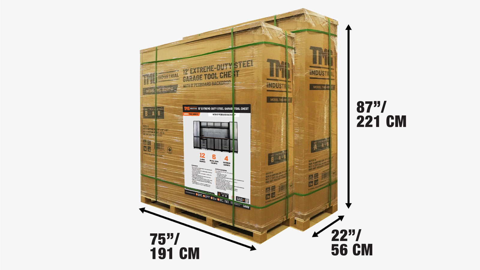 12 jalan (3,6 m) erittäin kestävä teräksinen autotallin työkalupakki reikälevyllä, pistorasioilla, USB-portilla, magneettisesti liikkuvilla LED-valoilla, kaapeilla ja ulosvedettävällä työkalupakilla, TMG-WBM12-shipping-info-image