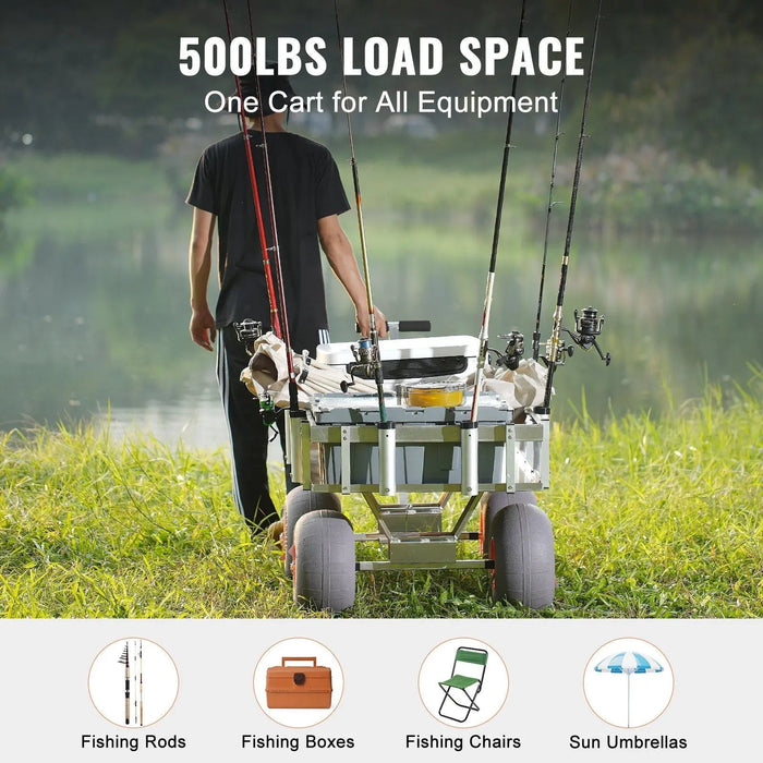 VEVOR Beach Fishing Cart, 500 lbs Load Capacity, Fish and Marine Cart with Four 13" Big Wheels PU Balloon Tires for Sand, Heavy-Duty Aluminum Pier Wagon Trolley with 6 Rod Holders for Fishing, Picnic, DOBA-MC500