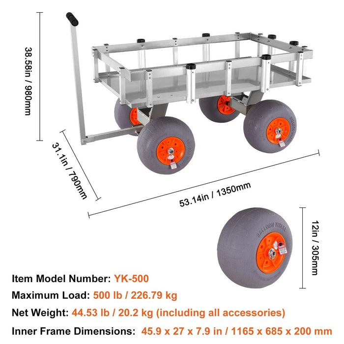 VEVOR Beach Fishing Cart, 500 lbs Load Capacity, Fish and Marine Cart with Four 13" Big Wheels PU Balloon Tires for Sand, Heavy-Duty Aluminum Pier Wagon Trolley with 6 Rod Holders for Fishing, Picnic, DOBA-MC500