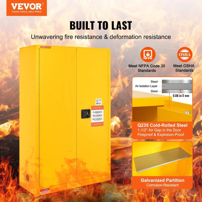 VEVOR Flammable Safety Cabinet, 45 Gal, Cold-Rolled Steel Flammable Liquid Storage Cabinet, 42.9 x 18.1 x 65.2 in Explosion Proof with 2 Adjustable Shelves 2 Manual Doors for Industrial Use, Yellow, DOBA-CF45