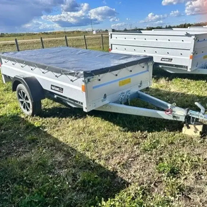 Variant 9’ Heavy Duty Utility Tilt Trailer with Ramp & Tarp Cover, 5’ x 9’ Inner Box, MFR #: 754TiltTarp, Made in Canada