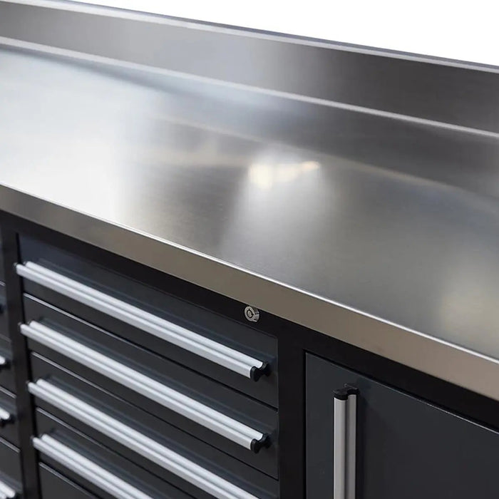 Pro Series 9-Ft 18-Drawer Workbench with Stainless Steel Top, Ball Bearing Double Slides & Casters, TMG-WB918