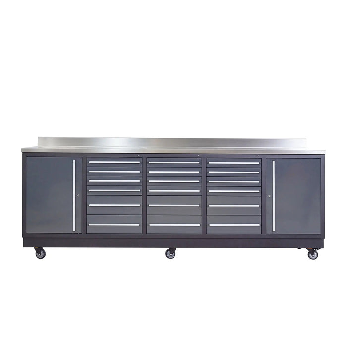 Pro Series 9-Ft 18-Drawer Workbench with Stainless Steel Top, Ball Bearing Double Slides & Casters, TMG-WB918