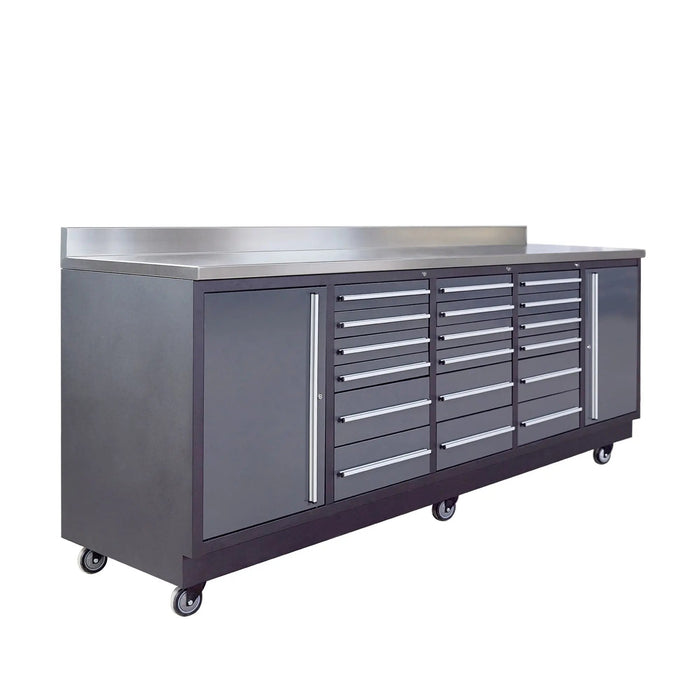 Pro Series 9-Ft 18-Drawer Workbench with Stainless Steel Top, Ball Bearing Double Slides & Casters, TMG-WB918