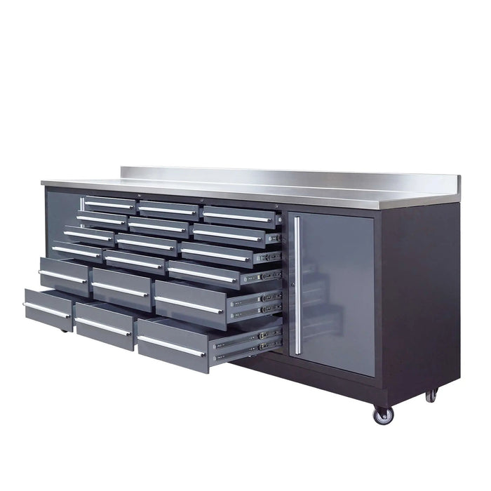 Pro Series 9-Ft 18-Drawer Workbench with Stainless Steel Top, Ball Bearing Double Slides & Casters, TMG-WB918