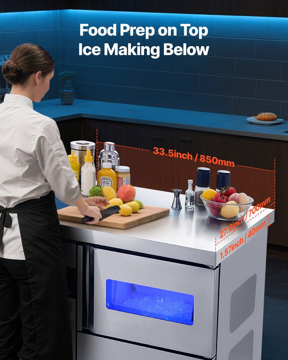 132 lbs/24H Commercial Ice Maker, Stainless Steel with Worktop, 30 lbs Storage & 70 Cubes per Cycle, Self-Cleaning Freestanding Design, DOBA-IM132
