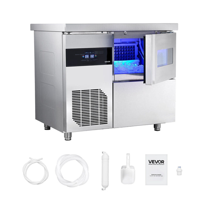 132 lbs/24H Commercial Ice Maker, Stainless Steel with Worktop, 30 lbs Storage & 70 Cubes per Cycle, Self-Cleaning Freestanding Design, DOBA-IM132