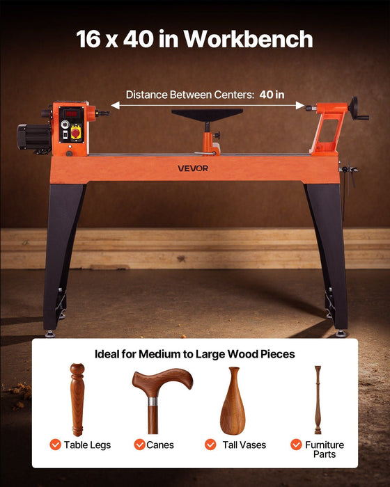 40 cm x 101 cm puuntyöstösorvi, 1,5 hv:n harjaton moottori, 0–3200 rpm:n säädettävä nopeus, valurautarunko työkalutuella, DOBA-WL1640