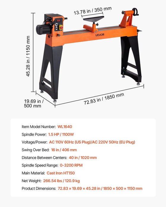 40 cm x 101 cm puuntyöstösorvi, 1,5 hv:n harjaton moottori, 0–3200 rpm:n säädettävä nopeus, valurautarunko työkalutuella, DOBA-WL1640