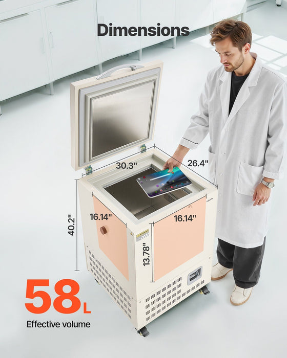 58L Ultra Low Temperature Freezer, −40°F to −123°F Adjustable Range, 304 Stainless Steel Liner, Digital Display with Rollers, DOBA-LF58