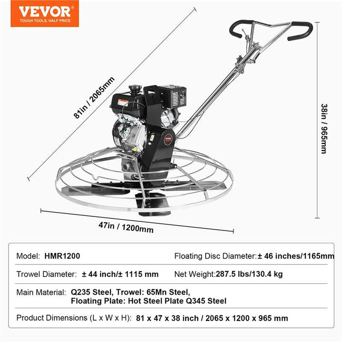 46" Walk-Behind Power Trowel, 14HP Gas-Powered Cement Finishing Machine with Float Pan Blade, DOBA-PT46