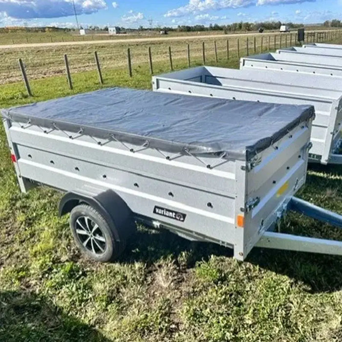 Variant 9’ Heavy Duty Utility Tilt Trailer with Ramp & Tarp Cover, 5’ x 9’ Inner Box, Solid Side Extensions, MFR #: 754Tiltsidetarp, Made in Canada